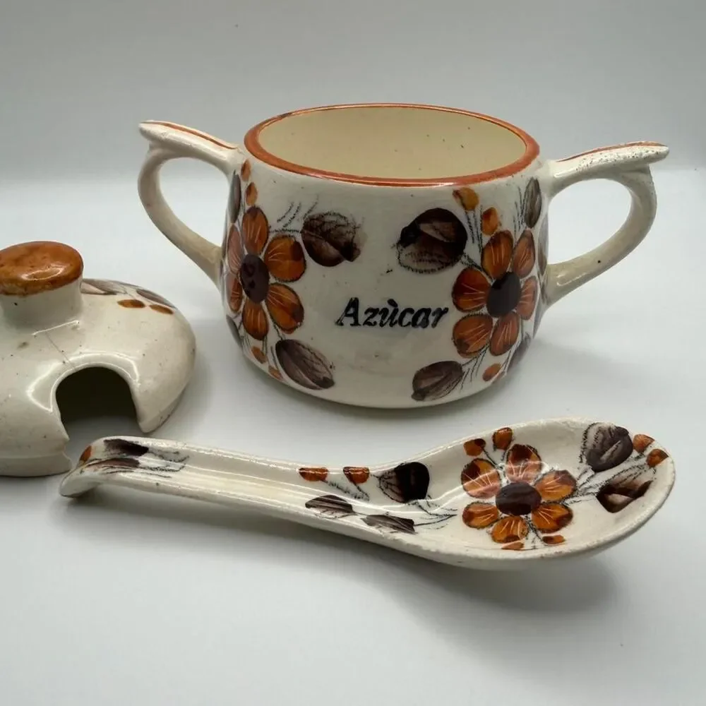Vintage Authentic Mexican Folk Art Rare 3 piece sugar bowl set